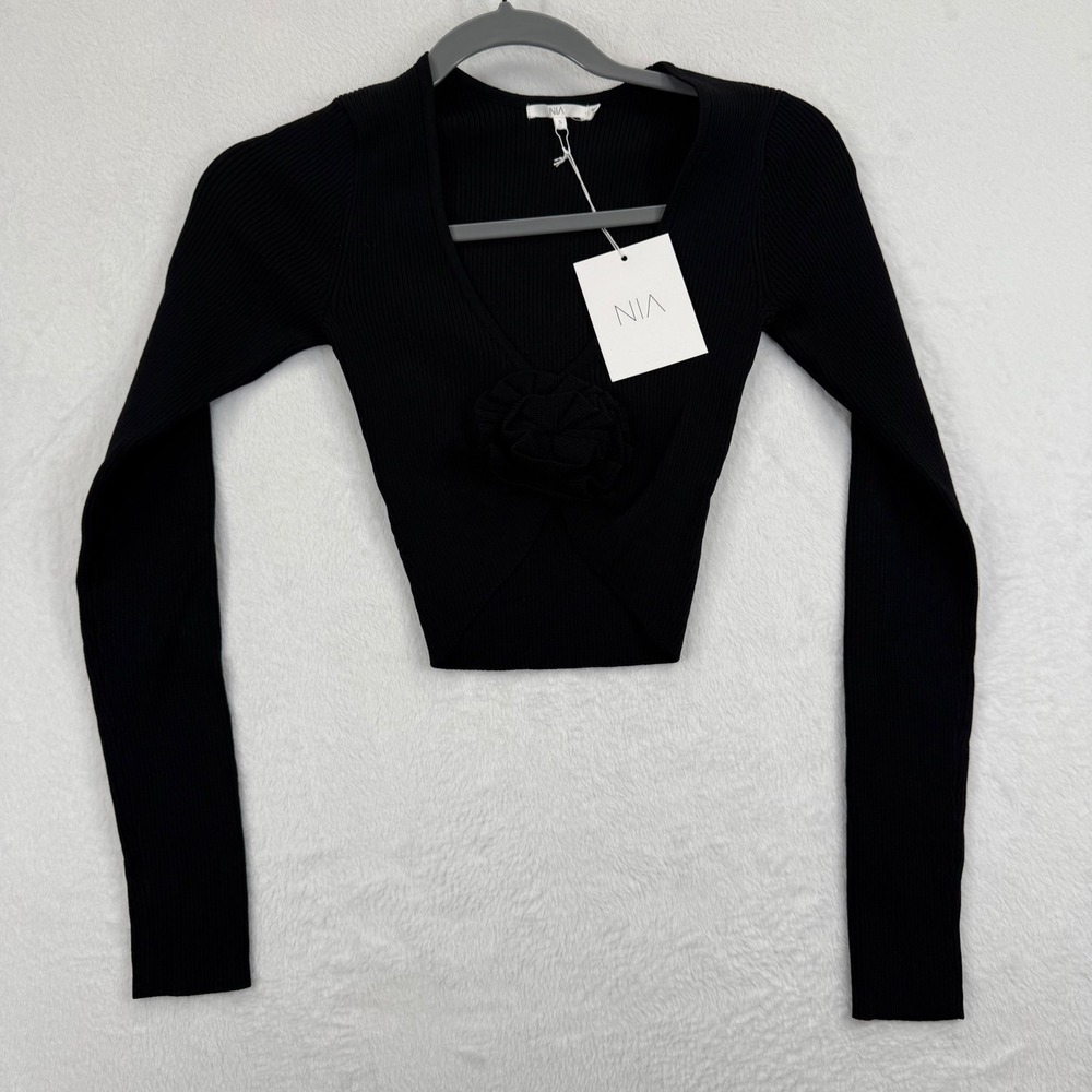 NIA Womens Black Ribbed Knit Floral Detail Long Sleeve‎ Crop Top Size Small